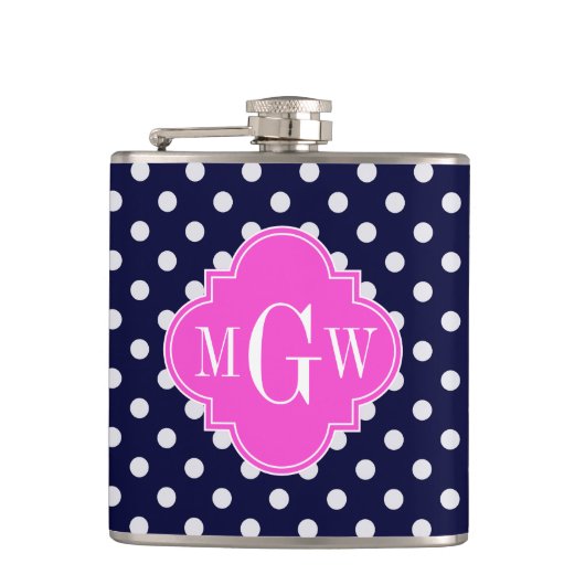 Navy Wht Polka Dot Hot Pink Quatrefoil 3 Monogram Heupfles (Voorkant)
