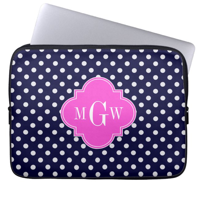Navy Wht Polka Dot Hot Pink Quatrefoil 3 Monogram Laptop Sleeve (Voorkant)