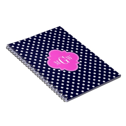 Navy Wht Polka Dot Hot Pink Quatrefoil 3 Monogram Notitieboek (Rechterzijde)