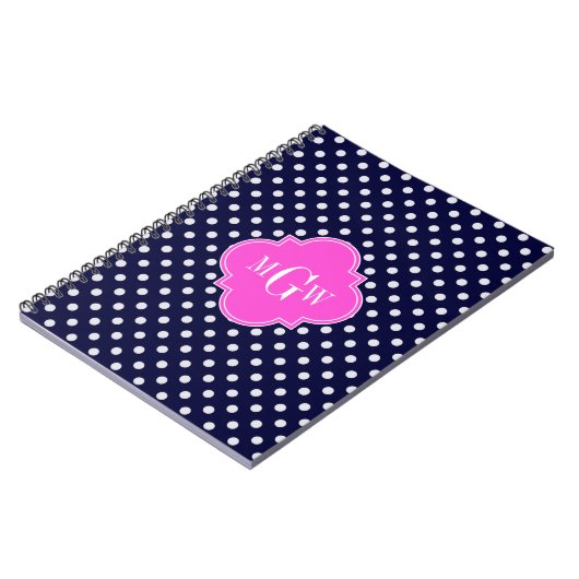 Navy Wht Polka Dot Hot Pink Quatrefoil 3 Monogram Notitieboek (Linkerzijde)