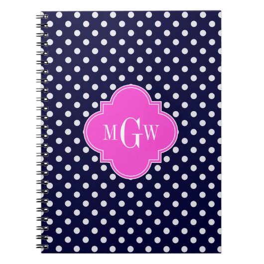 Navy Wht Polka Dot Hot Pink Quatrefoil 3 Monogram Notitieboek (Voorkant)