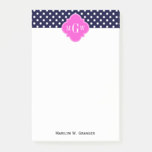 Navy Wht Polka Dot Hot Pink Quatrefoil 3 Monogram Post-it® Notes