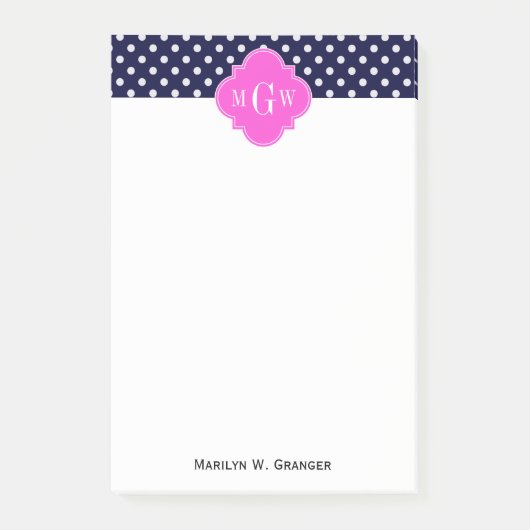 Navy Wht Polka Dot Hot Pink Quatrefoil 3 Monogram Post-it® Notes (Voorkant)