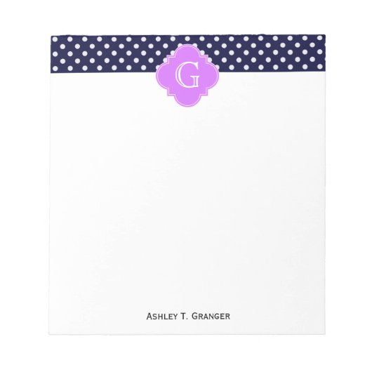 Navy Wht Polka Dot Lila Quatrefoil Monogram Notitieblok (Voorkant)