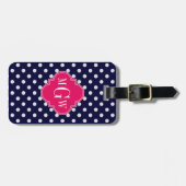 Navy Wht Polka Dot Raspberry Quatrefoil 3 Monogram Bagagelabel (Voorkant horizontaal)