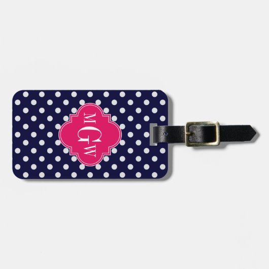 Navy Wht Polka Dot Raspberry Quatrefoil 3 Monogram Bagagelabel (Voorkant horizontaal)
