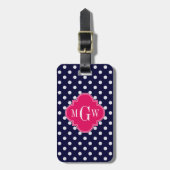 Navy Wht Polka Dot Raspberry Quatrefoil 3 Monogram Bagagelabel (Voorkant verticaal)