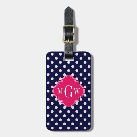Navy Wht Polka Dot Raspberry Quatrefoil 3 Monogram Bagagelabel (Voorkant verticaal)