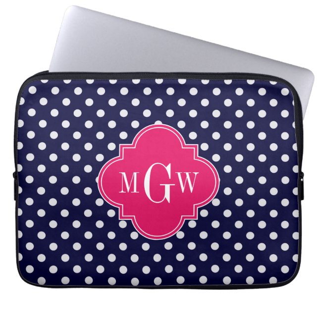 Navy Wht Polka Dot Raspberry Quatrefoil 3 Monogram Laptop Sleeve (Voorkant)