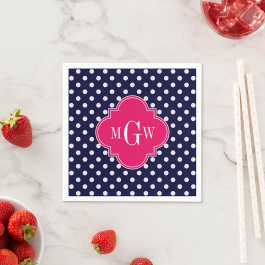 Navy Wht Polka Dot Raspberry Quatrefoil 3 Monogram Servetten (Insitu)