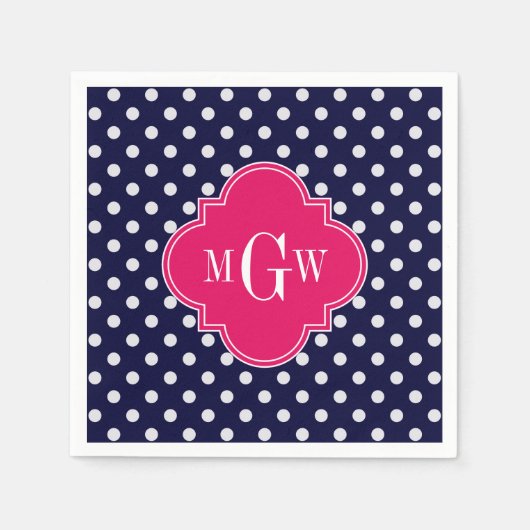 Navy Wht Polka Dot Raspberry Quatrefoil 3 Monogram Servetten (Voorkant)