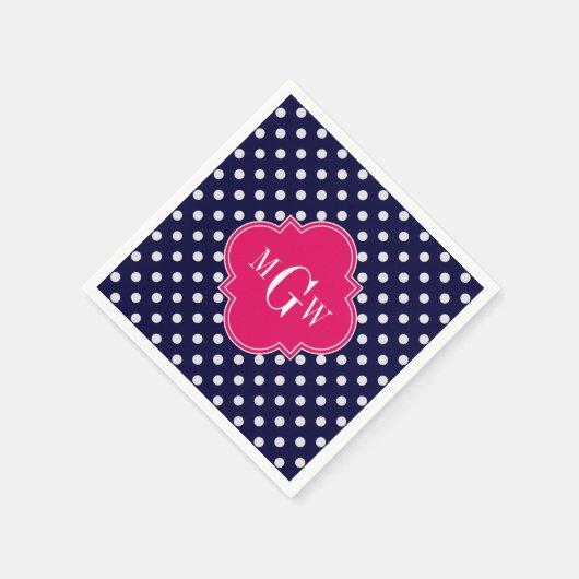 Navy Wht Polka Dot Raspberry Quatrefoil 3 Monogram Servetten (Hoek)