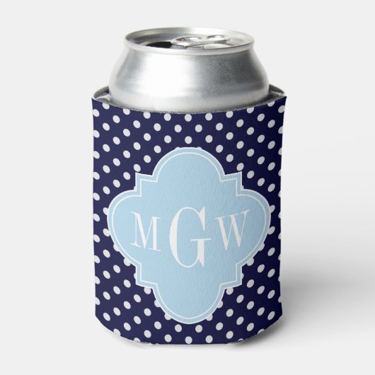 Navy Wht Polka Dots Lt Blue Quatrefoil 3 Monogram Blikjeskoeler (Blikje Voorkant)