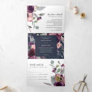 NAVY WILD PAARSE LILA FLORAL WATERVERF WEDING DRIELUIK UITNODIGING