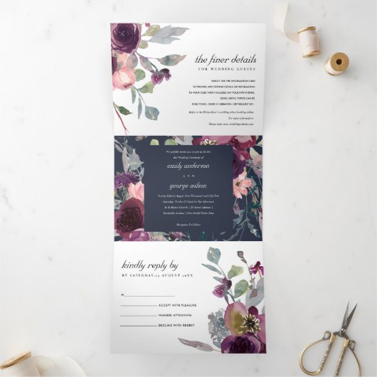 NAVY WILD PAARSE LILA FLORAL WATERVERF WEDING DRIELUIK UITNODIGING (Binnen)