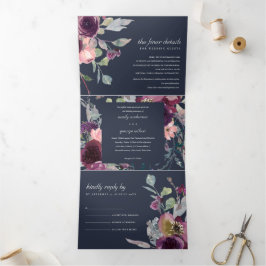 NAVY WILD PAARSE LILA FLORAL WATERVERF WEDING DRIELUIK UITNODIGING