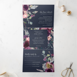 NAVY WILD PAARSE LILA FLORAL WATERVERF WEDING DRIELUIK UITNODIGING