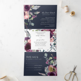 NAVY WILD PAARSE LILA FLORAL WATERVERF WEDING DRIELUIK UITNODIGING