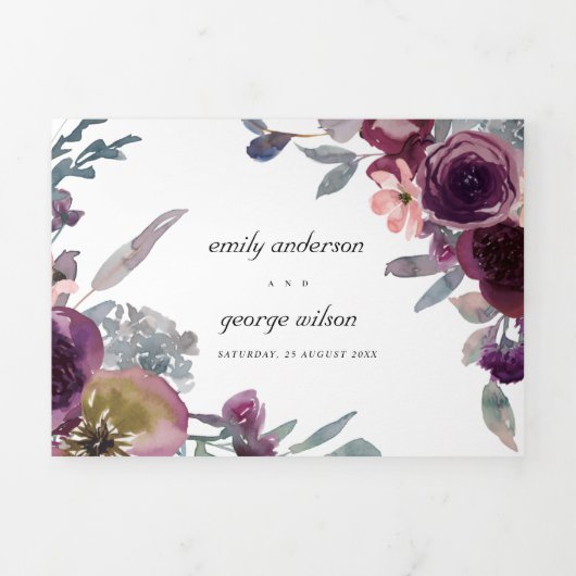 NAVY WILD PAARSE LILA FLORAL WATERVERF WEDING DRIELUIK UITNODIGING (Cover)