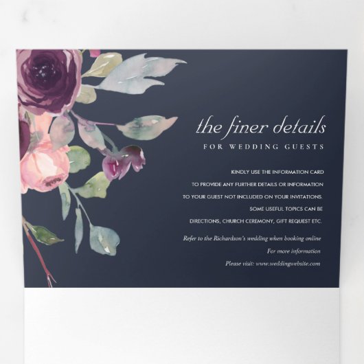 NAVY WILD PAARSE LILA FLORAL WATERVERF WEDING DRIELUIK UITNODIGING (Binnenzijde eerst)