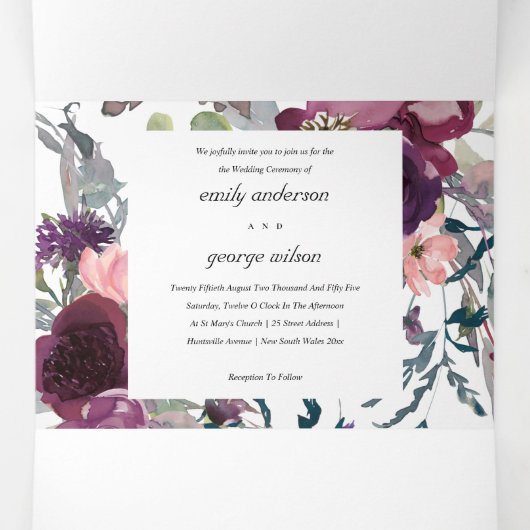 NAVY WILD PAARSE LILA FLORAL WATERVERF WEDING DRIELUIK UITNODIGING (Binnenkant midden)