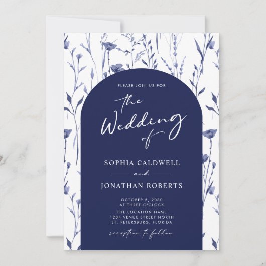 Navy Wildbloemen Trendy Arch Calligraphy Wedding Kaart