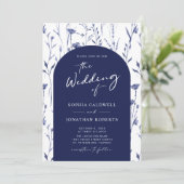 Navy Wildbloemen Trendy Arch Calligraphy Wedding Kaart