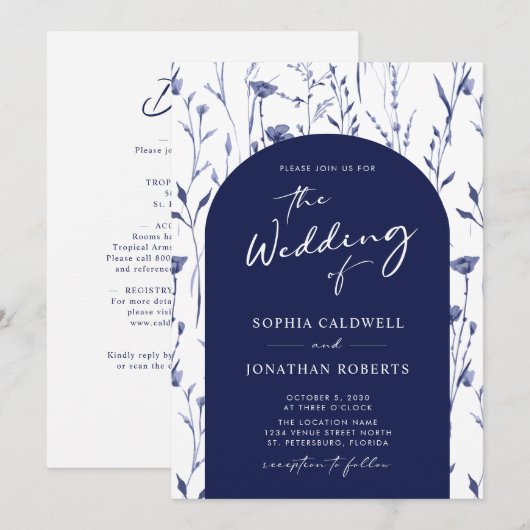 Navy Wildbloemen Trendy Arch Calligraphy Wedding Kaart (Voorkant / Achterkant)