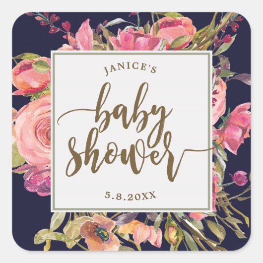 Navy Wildflower Bloemen baby shower sticker gunste (Voorkant)