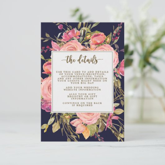 Navy Wildflower Bloemen Bruiloft Informatie Kaart (Staand voorkant)