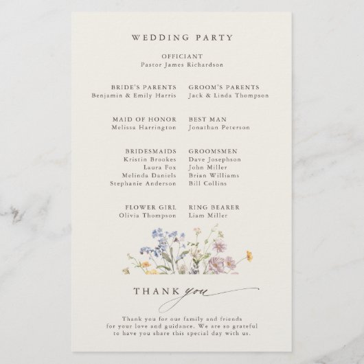 Navy Wildflower Meadow Tuin Huwelijksprogramma (Achterkant)