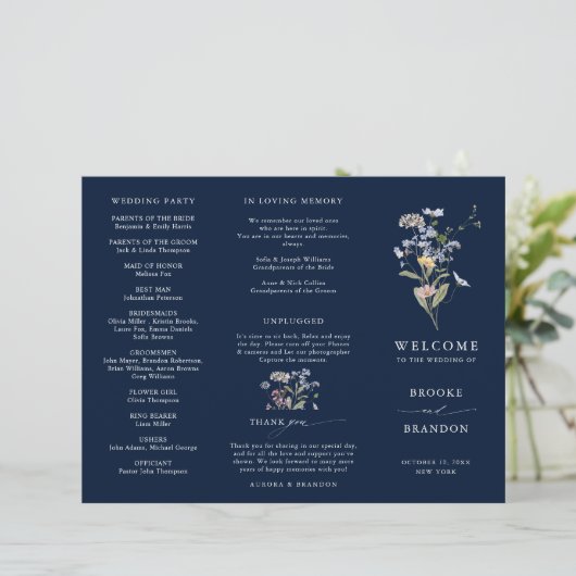 Navy Wildflower Meadow Tuin Huwelijksprogramma (Staand voorkant)