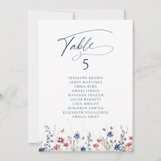 Navy Wildflower Rustic table number seating chart Kaart (Voorkant)