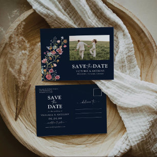 Navy Wildflower Save The Date met Foto Briefkaart