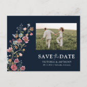 Navy Wildflower Save The Date met Foto Briefkaart (Voorkant)