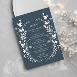 Navy Wildflower Silhouet krans bruiloft Menu<br><div class="desc">Dit elegante huwelijksmenu heeft een silhouet van wilde bloemen als krans en initialen op de achterkant. Voor meer geavanceerde aanpassing van dit ontwerp,  klikt u op de BLUE DESIGN TOOL BUTTON hierboven! Overeenkomende objecten zijn ook beschikbaar.</div>