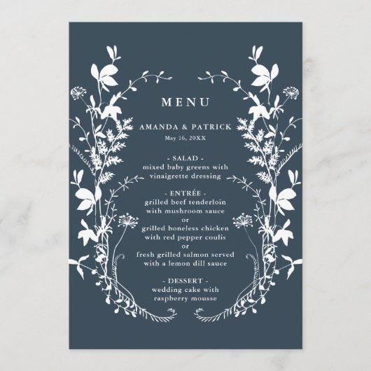 Navy Wildflower Silhouet krans bruiloft Menu (Voorkant)