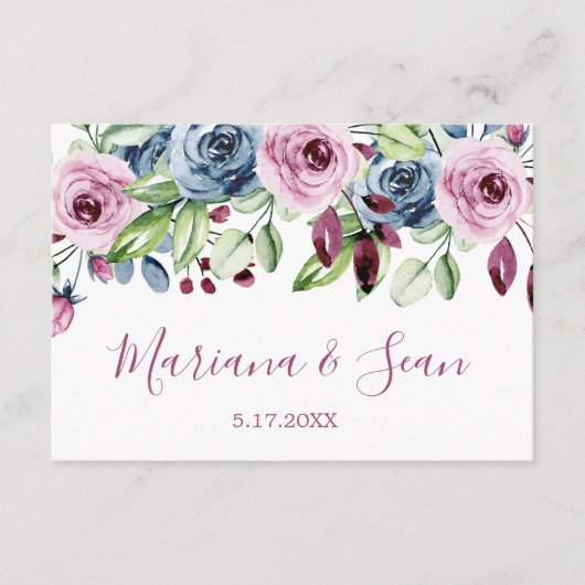Navy Wine Floral Wedding QR Code Response Kaart (Voorkant)