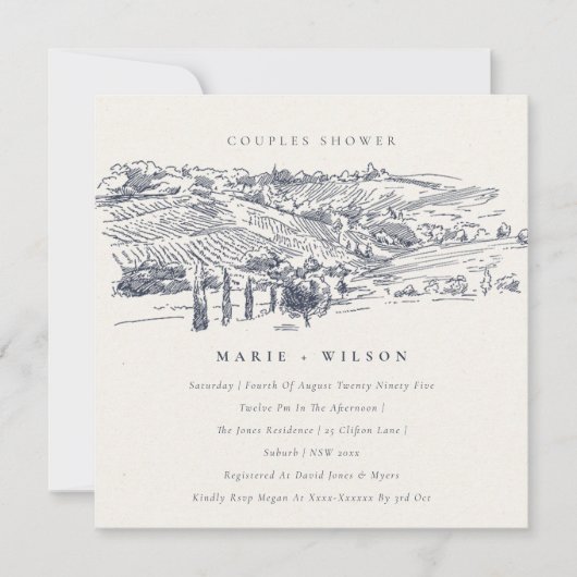 Navy Winery Mountain Sketch Couples Shower Invite Bedankkaart (Voorkant)
