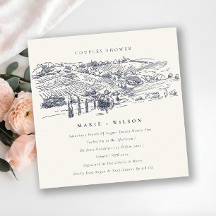 Navy Winery Mountain Sketch Couples Shower Invite Bedankkaart