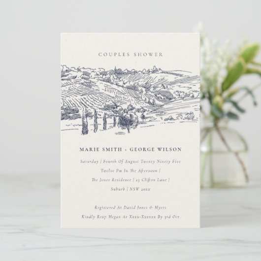 Navy Winery Mountain Sketch Couples Shower Invite Bedankkaart (Staand voorkant)