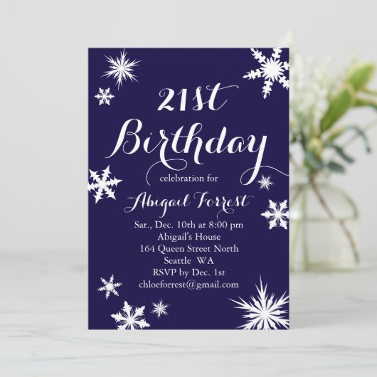 Navy Winter 21st Birthday Uitnodiging (Staand voorkant)