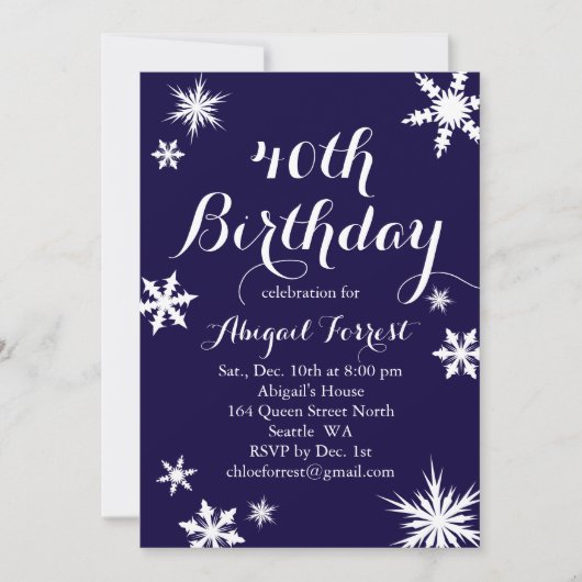 Navy Winter 40th Birthday Invitation Kaart (Voorkant)