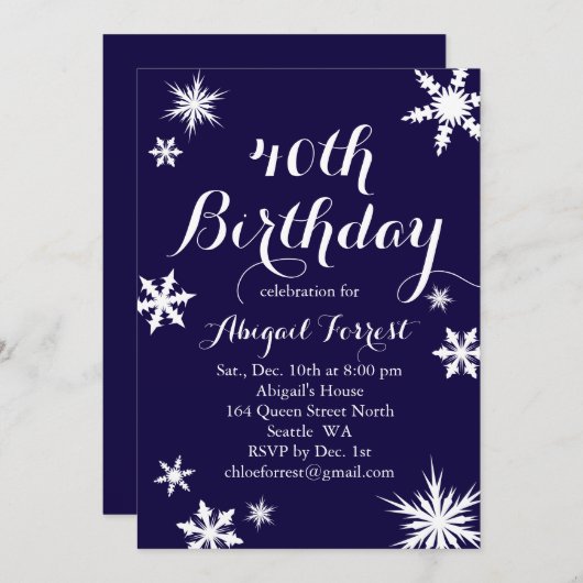 Navy Winter 40th Birthday Invitation Kaart (Voorkant / Achterkant)