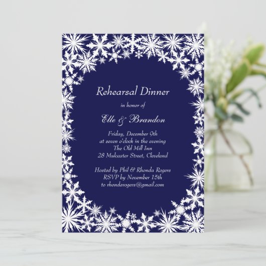 Navy Winter Lace Rehearsal Dinner Invitation Kaart (Staand voorkant)