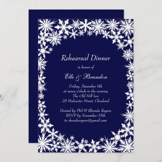 Navy Winter Lace Rehearsal Dinner Invitation Kaart (Voorkant / Achterkant)