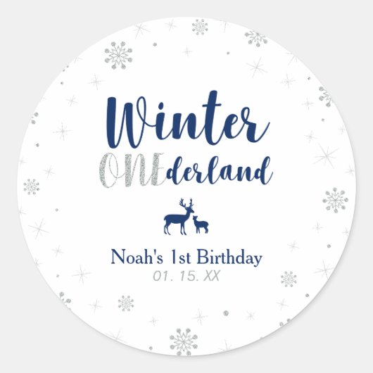 Navy Winter Onderland 1e verjaardag Favor Ronde Sticker (Voorkant)