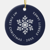 Navy Winter Snowflake Eerste Kerst Keepsake Keramisch Ornament (Voorkant)