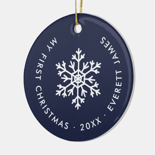 Navy Winter Snowflake Eerste Kerst Keepsake Keramisch Ornament (Links)