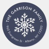 Navy Winter Snowflake Ronde Terugkeer Adres Label (Voorkant)